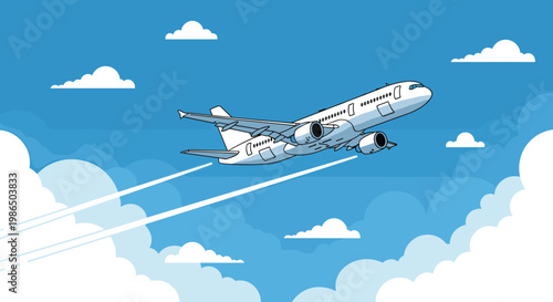 Passenger airplane flying high in the bright blue sky above white fluffy clouds leaving long vapor trails from its powerful jet engines.