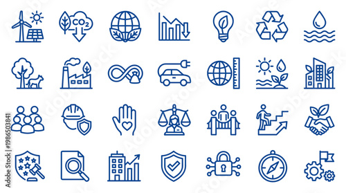 Sustainable development icons representing environmental protection, renewable energy, corporate social responsibility, and economic growth