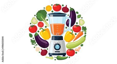 Kitchen blender filled with healthy orange juice or soup surrounded by various fresh vegetables in a circular arrangement on white background.