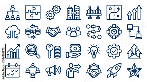 Business strategy icons representing growth, teamwork, planning, finance, and success in a modern corporate environment