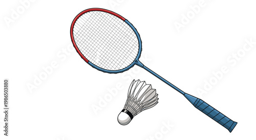 Sport equipment for badminton featuring a red and blue racket and a white shuttlecock isolated on a clean white background in a simple style.