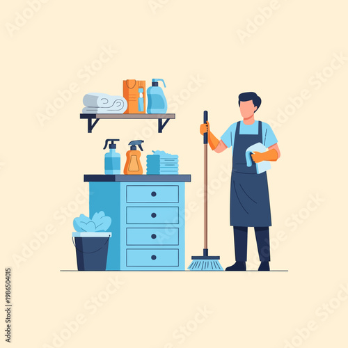 Flat vector illustration of a male professional cleaner holding a broom and cloth in a utility room with an organized blue cabinet, spray bottles, detergent, and wall shelf.