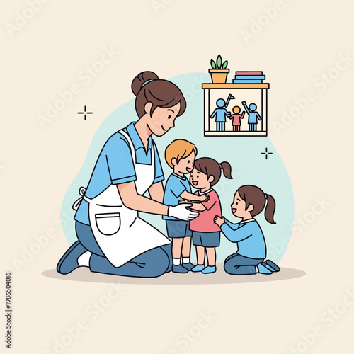 Female childcare provider in a white apron and blue uniform kneeling to care for three young children in a classroom setting with a shelf, books, and potted plant background illustration.