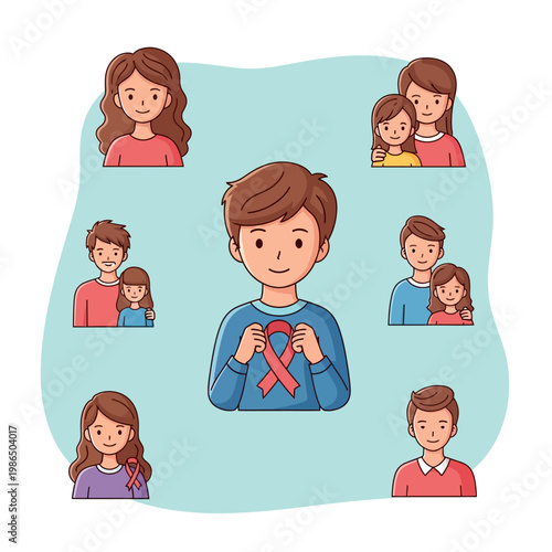 Cartoon vector of a young boy holding a red awareness ribbon, accompanied by icons of parents and children to symbolize mental health awareness and family support network.