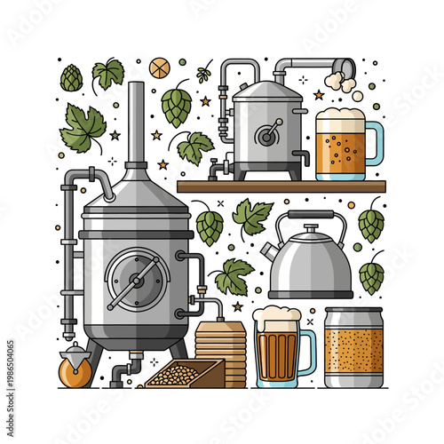 Vector illustration of craft beer home brewing equipment featuring stainless steel tanks, kettles, glass beer mugs with foam, green hops, barley malt grains and brewing tools.