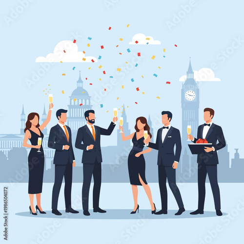 Flat vector illustration of men and women in formal suits and dresses celebrating with champagne in London, featuring the Big Ben clock tower and falling colorful confetti.