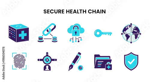 Illustration set of Secure Health Chain Medical Technology.