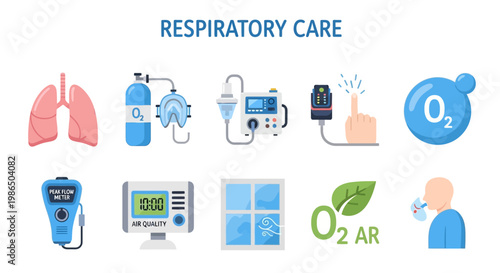 Respiratory care medical equipment icons set.