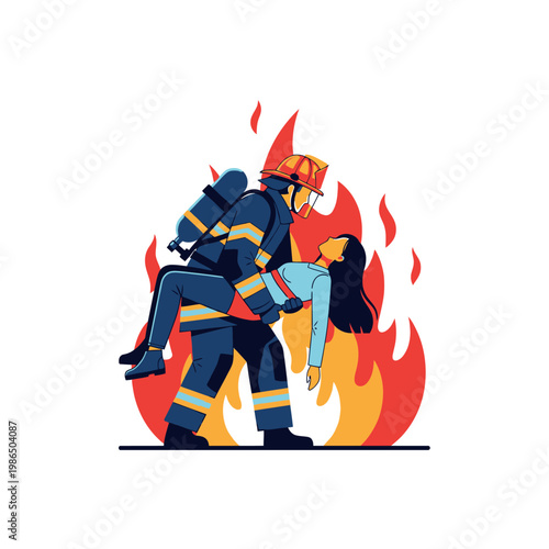 Vector illustration of a professional firefighter in protective gear and oxygen tank carrying an unconscious woman to safety from a burning building with large flames background.