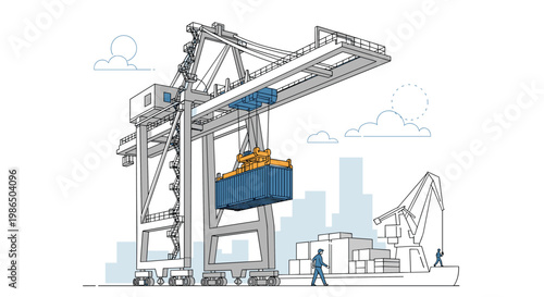 Massive industrial container crane at a shipping harbor with port workers and cargo ships in a modern line art illustration style.