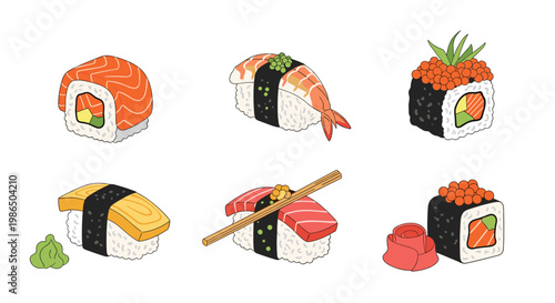 Assorted sushi collection featuring nigiri and maki rolls with salmon, tuna, and roe served alongside fresh green wasabi and pickled ginger.