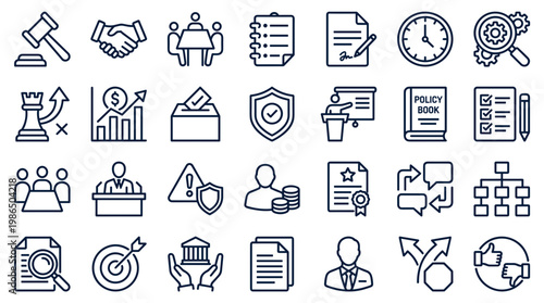 Collection of business and legal icons representing concepts like strategy, finance, law, teamwork, and policy development