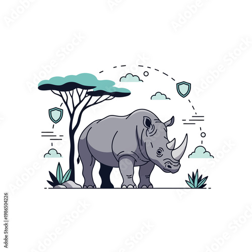Vector illustration of a grey rhinoceros standing in an African savanna landscape with an acacia tree and shield icons symbolizing wildlife protection and conservation efforts.