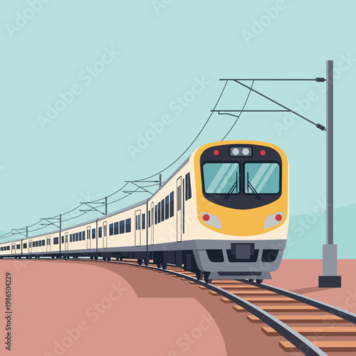 Modern commuter train with a yellow front traveling along curved railway tracks under electric overhead catenary lines, clean flat vector illustration of transport system.