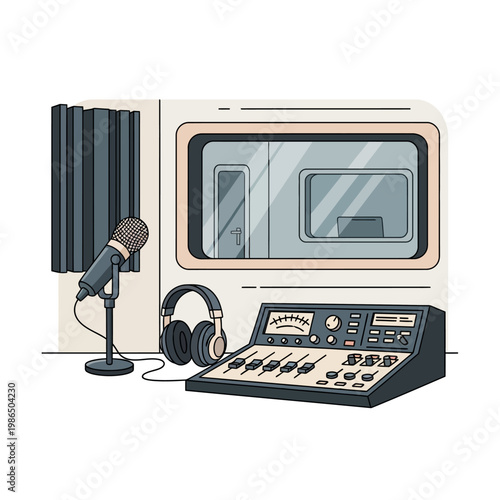 Professional radio broadcasting studio illustration featuring a condenser microphone, over-ear headphones, analog mixing console, and soundproof window view for podcasting.
