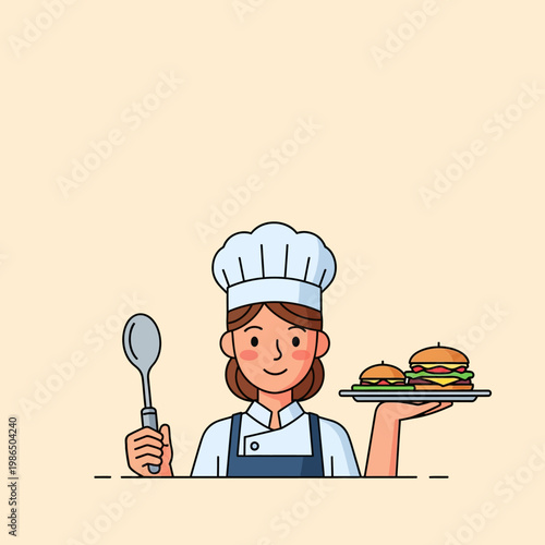 Vector illustration of a female school cafeteria worker wearing a white chef toque and blue apron, holding a large silver spoon and a tray with burgers on a neutral background.
