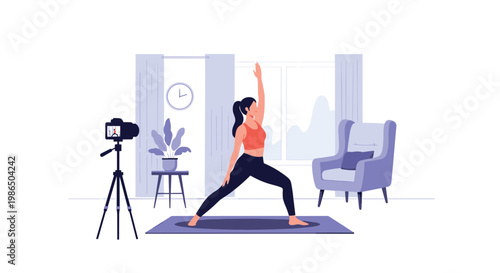 Young woman practices yoga in her living room while recording a fitness tutorial video on a professional camera mounted on a tall tripod.