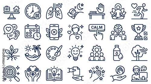 Collection of Icons Representing Health Wellness and Self Care Concepts Including Mind Body and Lifestyle Balance
