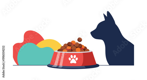 Dark silhouette of a dog waiting patiently in front of a bright red food bowl filled with nutritious dry kibble in a clean flat illustration.