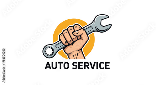Hand holds a large silver wrench firmly over a yellow circle with the words auto service written clearly below for professional garage themes.