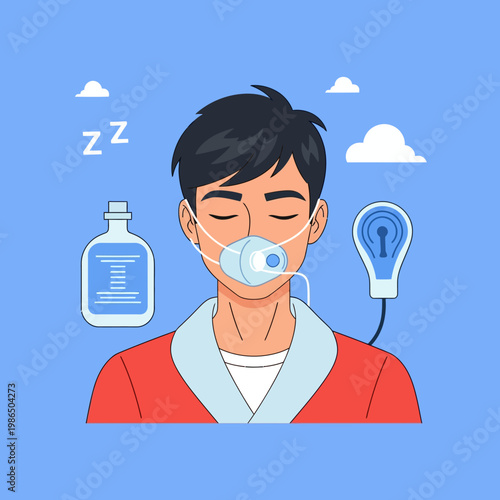 Vector illustration of a male patient wearing a CPAP nasal mask for sleep apnea treatment, eyes closed in sleep, featuring icons of humidifier reservoir and sleep monitoring device.