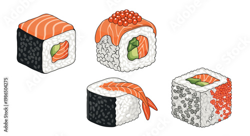 Group of delicious sushi rolls featuring fresh salmon, caviar, and avocado ingredients presented as a set for Japanese cuisine concepts.