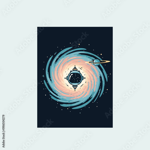 Minimalist vector illustration of a circular space station at the center of a colorful swirling spiral galaxy with a ringed planet and scattered stars on a dark navy background.