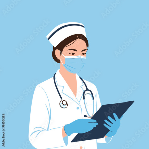 Vector illustration of a female nurse wearing a traditional white cap, surgical face mask, and blue nitrile gloves while holding a clipboard with a stethoscope around her neck on blue.