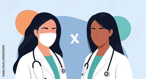Portrait of two professional female doctors standing together with stethoscopes, one wearing a white medical face mask for safety and health.