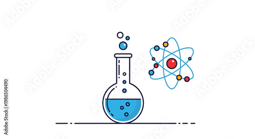 Laboratory glassware flask filled with blue chemical liquid next to an atomic model symbol representing science, chemistry, and research.