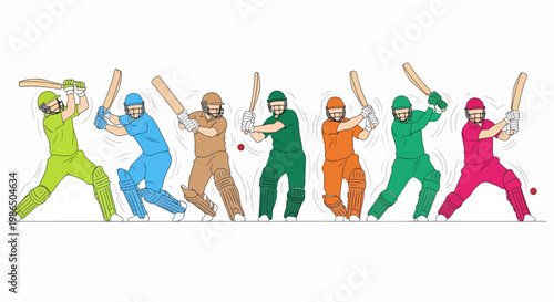 Set of Colorful Cricket Player Silhouettes in Dynamic Poses
