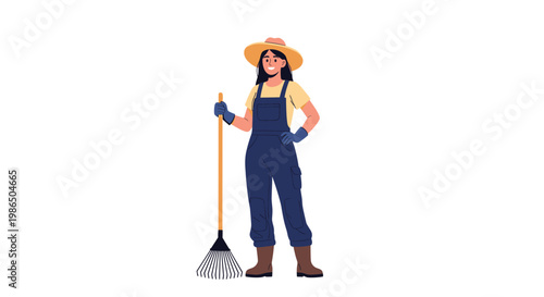 Female gardener wearing blue overalls and a sun hat stands confidently while holding a leaf rake on a plain white background for farming.