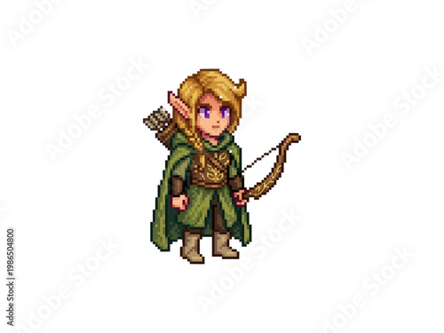 pixel art illustration of a female elven archer wearing a green hooded cloak and leather armor holding a wooden bow.