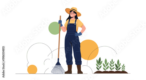 Happy female gardener in work clothes stands with a leaf rake in a garden with plants and decorative circles in a flat vector style.