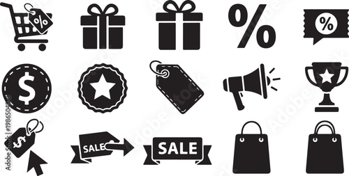 Black and white shopping sale icons and symbols