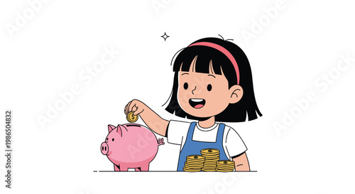 Young girl happily puts a golden coin into a pink piggy bank to save money for the future next to stacks of coins in a flat illustration.