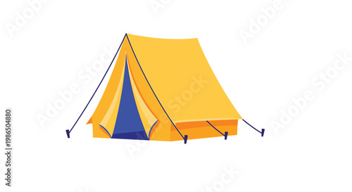 Simple vector illustration of a bright yellow camping tent with blue interior flaps set against a plain white background for outdoor travel.