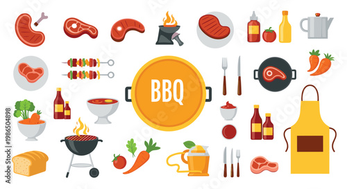 Large set of flat design barbecue icons featuring various meats, grilling tools, vegetables, condiments, and essential outdoor cooking equipment.