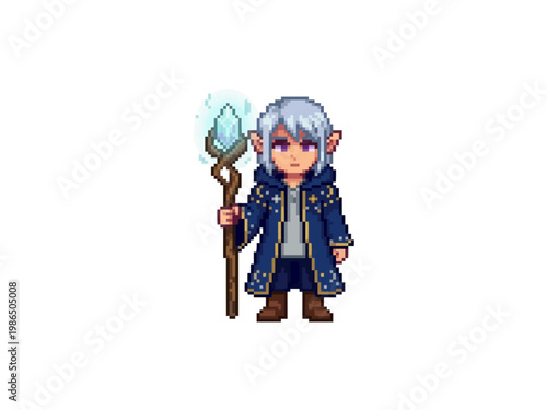 pixel art of a young elven mage wearing blue robes with gold star patterns holding a crystal magic staff.