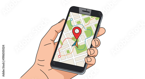 Person holds a smartphone in their hand displaying a city map with various pins and a navigation path to help find a specific location or route.