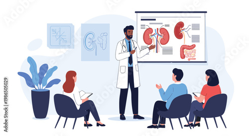 Professional doctor standing in front of a group of patients explains the anatomy of the human kidney using detailed diagrams on a projector.