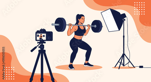 Fit woman performs squats with a heavy barbell in a studio while being recorded by a camera on a tripod for a professional fitness video.