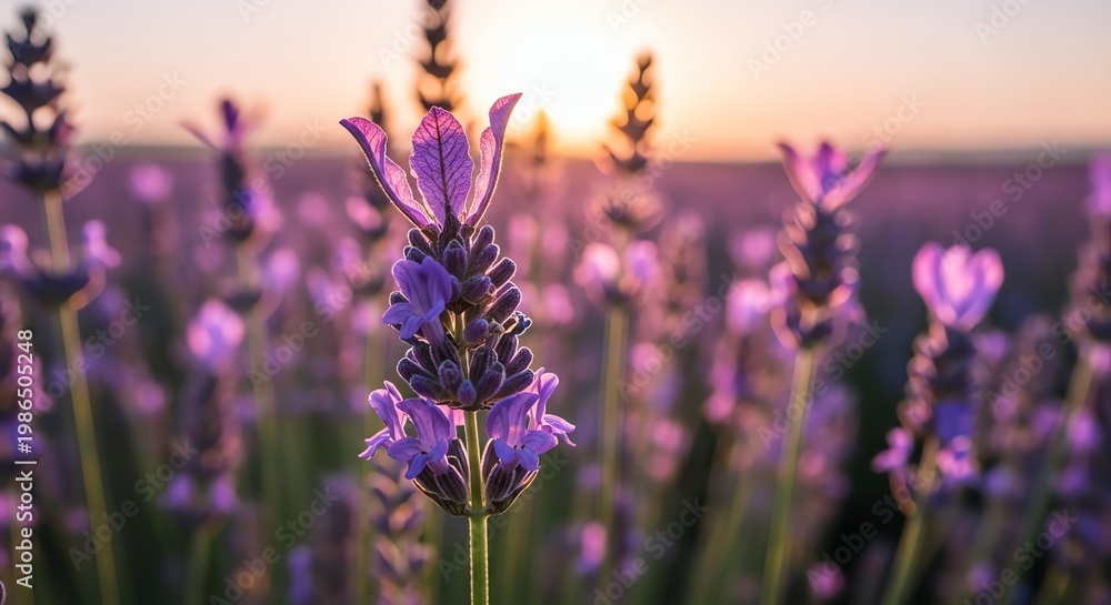 Obraz premium Lavender field at sunset with golden light