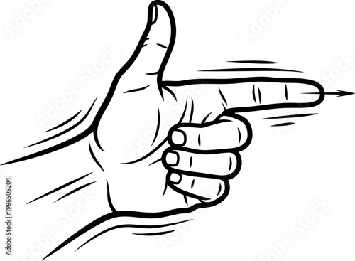Hand with pointing finger in shape of gun, shooting gesture doodle outline with arrow.