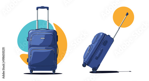 Two modern blue suitcases on wheels are shown in different positions including one standing upright and another tilted as if being pulled along.