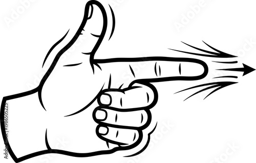 Hand with pointing finger in shape of gun, shooting gesture doodle outline with arrow and speed.
