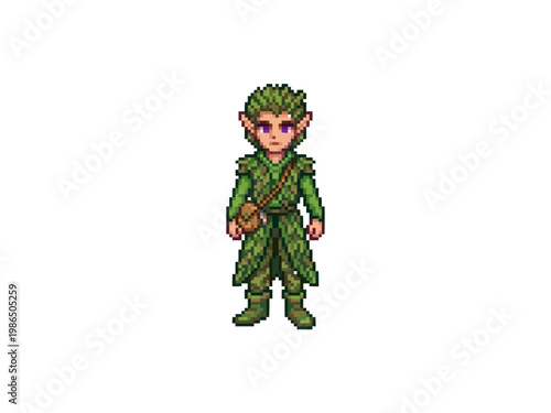 pixel art of a male elven scout wearing camouflage green leaf armor and carrying a small leather satchel bag.