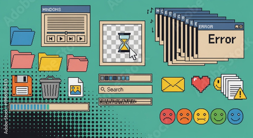  interface elements, including windows, icons, and dialog boxes, for nostalgic digital design and user experience Diverse set of retro 90s computer