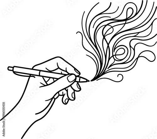 Stylized hand holding a pen with elaborate flowing lines representing creative writing.