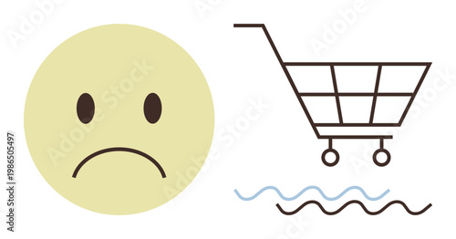 E-commerce, consumer dissatisfaction, online shopping issues, financial challenges, sales decrease, supply chain problems. Sad face and empty cart. E-commerce and consumer dissatisfaction concept